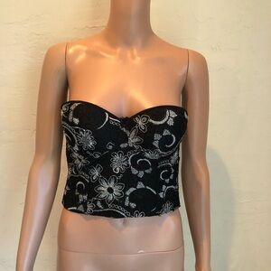 Love J Black/Silver Floral Bustier Straps Tank-Top Embroidered Women’s Size S